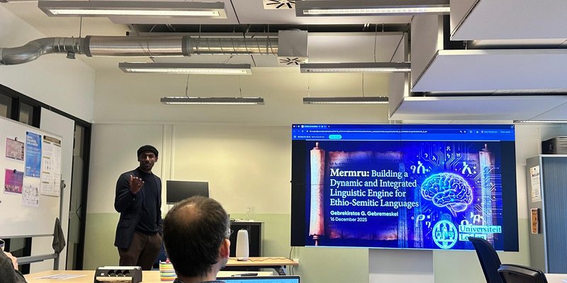 Gebbrekirstos G. Gebremeskel  giving a lecture on Mermru at Leiden University
