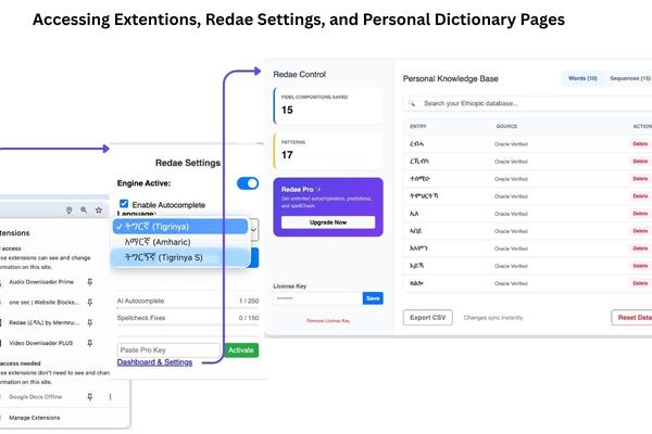 shows accessing redae extension, settings and personal dictionary page